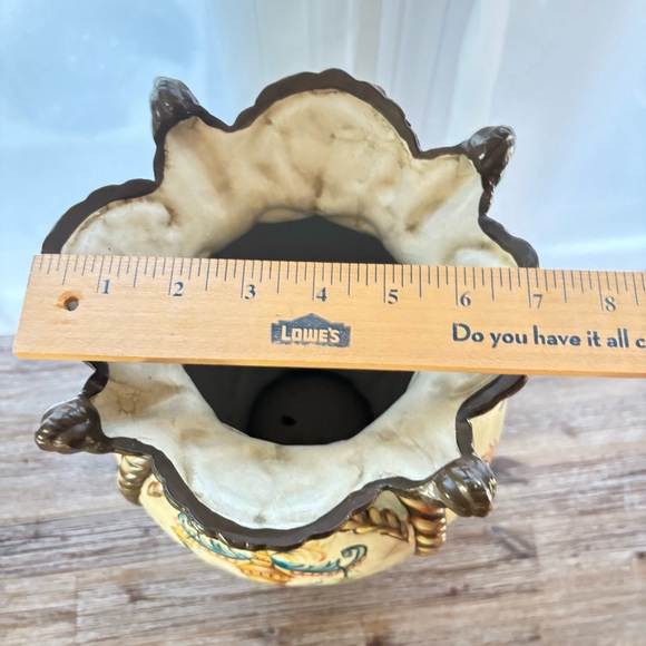 Vintage Italy Hand Painted Urn Yellow Floral Scallop Italian Terracotta Vase - Picture 9 of 10